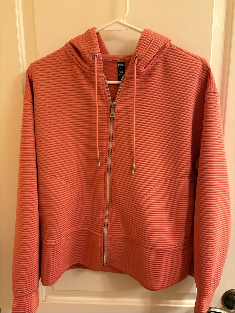 DKNY Coral/Pink Ribbed Zip-Up Hooded Jacket